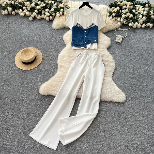 Women's Clothing Casual Outfit For Women: Summer Design Denim Patchwork Short Sleeved Top, High Waist Wide Leg Straight Pants Suit_ecoleips.com