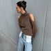 Off-Shoulder High Neck Sweater – Oversized Knit Top With Slouchy Drop Shoulder & Openwork Details (S-L, Brown)_ecoleips.com
