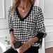 Women's V-Neck Long Sleeve T-Shirt With Houndstooth Print & Contrast Sleeves - Stylish Button-Up Top For Fall & Winter_ecoleips.com