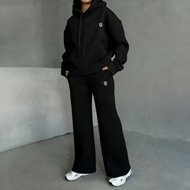 Women's Premium Fleece Tracksuit - Oversized Hoodie & Wide-Leg Sweatpants With Subtle Print Accents-S_ecoleips.com