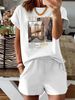Summer New Black New York Pattern T-shirt, Casual Printed Round Neck Short Sleeved Top With Elastic Waist Pocket, Women's Two-piece Set-284_ecoleips.com