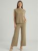 American Style Women's Summer Two-Piece Set Thin Round Neck Knitted Top High-Waisted Wide Leg Pants Casual_ecoleips.com