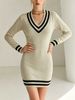 Women Ultra Soft Skin-Friendly Breathable Fine Knit Mini Dress, Contrast Striped V Neck Long Sleeve Stretch Slim Fit Casual Knitted Dress_ecoleips.com