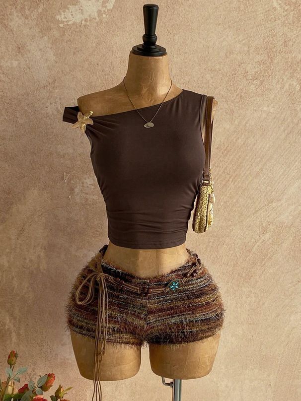 Girl's Retro Tassel Frayed Shorts Set With One Shoulder Metal Decoration Cropped Top In Style Hot_ecoleips.com