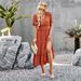 Women Elegant Solid Color V‑Neck Short Sleeve Dress, High Waist Slimming Split Hem Long Maxi Dress For Daily Party Occasions_ecoleips.com