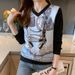 Streetwear Patchwork Long Sleeve T-Shirt For Women - Oversized Graphic Tee With Contrast Panels, Casual & Trendy (Multiple Sizes)_ecoleips.com
