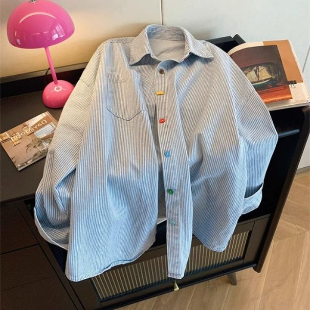 Vintage Minimalist Color Contrast Denim Striped Oversized Relaxed Versatile Polo Collar Shirt Women's Autumn Long-Sleeve_ecoleips.com