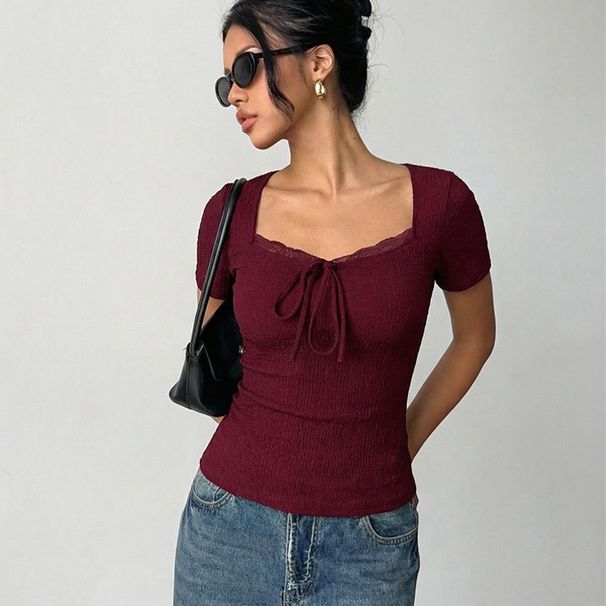 Fashionable Short-Sleeve T-Shirt, Lace Collar, Slim Fit Women's 2026 Spring/Summer Pullover_ecoleips.com