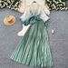 Women’s Clothing Pleated Suit For Women With Waist Hugging Straps And Gradient Color Pleated Cardigan Tops, High Waist Pleated Skirt, Two Piece Suit_ecoleips.com