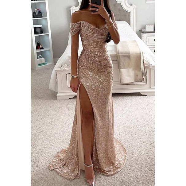 Women's Clothing Sexy Fine Flash Slit Ball Gown Sequin Dress_ecoleips.com