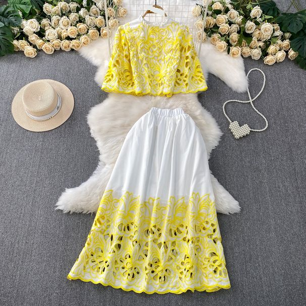Women's Clothing Water Soluble Lace Round Neck Short Top High Waist Slim Skirt Two Piece Set_ecoleips.com