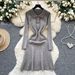 Elegant High-Waisted Knit Dress With Floral Lace Detail - Vintage-Inspired Long Sleeve Wrap Dress For Women_ecoleips.com