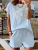 Summer New Black Letter Patterned T-shirt, Casual Printed Round Neck Short Sleeved Top With Elastic Waist Pocket, Women's Two-piece Set-288_ecoleips.com