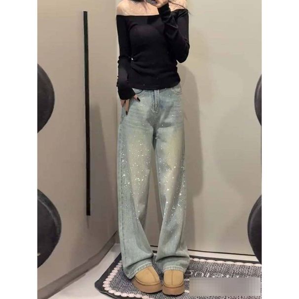 Distressed Light Blue Wide-Leg Jeans For Women – High-Waisted Flared Pants With Rhinestones, Fleece Lined, Winter Staple ( Single & Fleece Options)_ecoleips.com