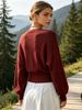 Burgundy Wine Deep V Wrap Pit Rib Knit Sweater, Loose Lightweight Breathable Soft Skin-touch Long Sleeve Slim Waist Pullover_ecoleips.com