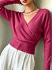 Women Cross Wrap V Neck Ribbed Knit Top Loose Long Sleeve Lightweight Hollow Texture Breathable Skin-friendly Cropped Knit Blouse_ecoleips.com
