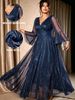 Plus-size Elegant Dress, Deep V-neck, Flared Sleeves, Fitted Waist, And Full Skirt; A Sophisticated And Elegant Long Dress Suitable For Balls And Evening Parties._ecoleips.com