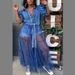 2025 New European And American Plus Size Women's Dress Cardigan Long Elegant Commuting Blue Denim Patchwork Mesh Skirt_ecoleips.com