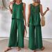 Aria Basics Cross-border Women's Clothing Spring/summer Solid Color Hollow Lace Two-piece Set Casual Tank Top Wide-leg Pants_ecoleips.com