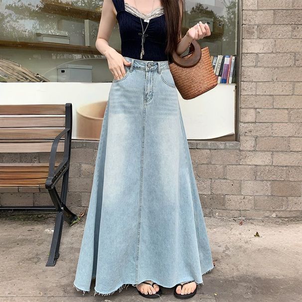 High-Waisted Slimming Denim Midi Skirt Korean Style Washed Frayed A-Line Long Skirt for Women Summer 2026 Versatile_ecoleips.com