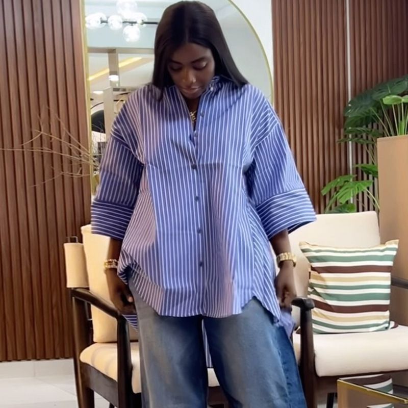 Women’s Oversized Blue Striped Long-Sleeve Shirt Summer Trendy Loose Fit Blouse, Slimming & Stylish_ecoleips.com