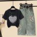 Women's Retro Outfit - Embroidered Denim Skirt With Print Blouse, Vintage Oriental Two-Piece Set Cultural Fusion_ecoleips.com