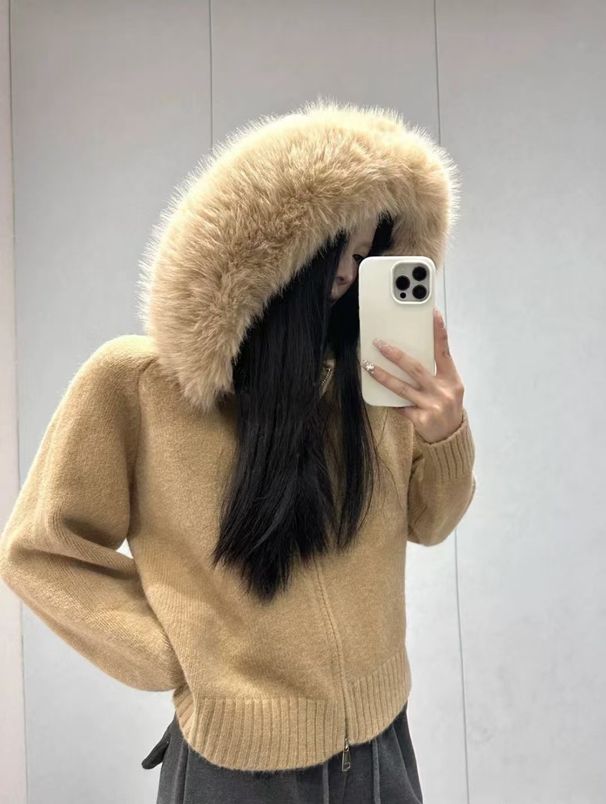 Korean Retro Women's Knitted Cardigan Long Sleeved Fur Collar Hooded Sweater Jacket Loose Casual Versatile Autumn Winter Top_ecoleips.com