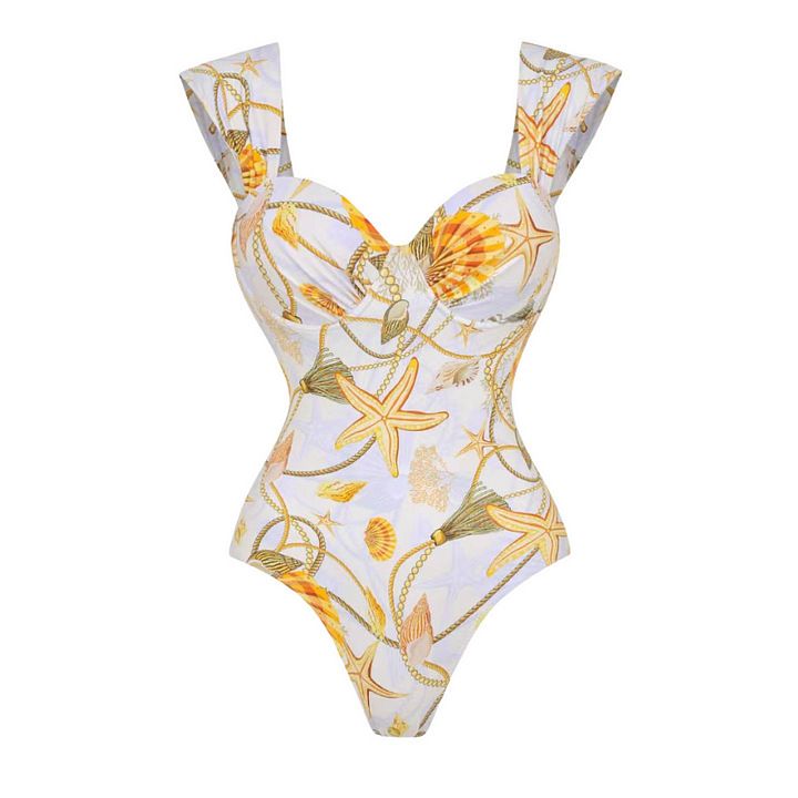 Women's European American Style Long Sleeved One Piece Swimsuit Seashell Print Beach Vacation Sexy Style Regular Fit Polyester_ecoleips.com