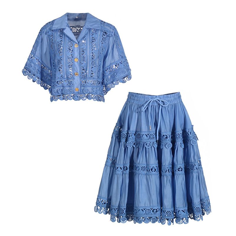 Women's Clothing Retro Romantic Style Autumn New Style Lapel Embroidered Lace Short Shirt With Elegant Skirt Suit_ecoleips.com