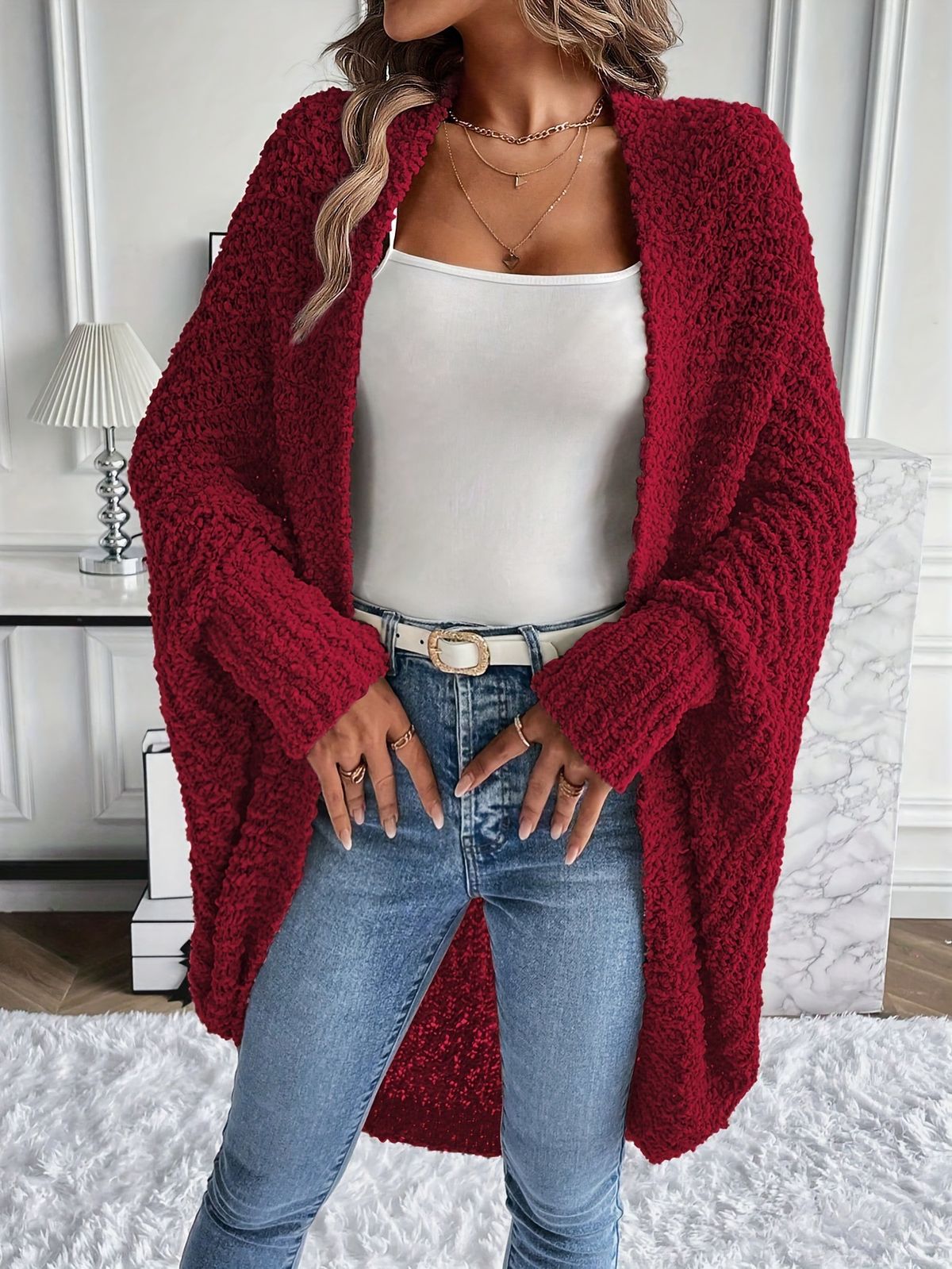 Women's Clothing Solid Color Bat Sleeve Casual Loose Wool Cardigan_ecoleips.com