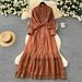 Women's Clothing Vintage French-Style Lace Trim Dress – Corset Tie Waist, Lantern Sleeves, Elegant Midi Dress (Brown/Black/White, One Size Fits Most)_ecoleips.com