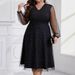 Plus Size Sparkle Mesh V-Neck Party Dress – Elegant Long Sleeve Bodycon Gown With Sheer Dot Panels – Stretchy Polyester-Spandex Blend (Sizes 1XL-5XL)_ecoleips.com