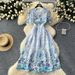 Women's Lace Print Dress Hollow-Out Design Slimming round Neck Short Sleeve Midi Versatile Color Palette_ecoleips.com