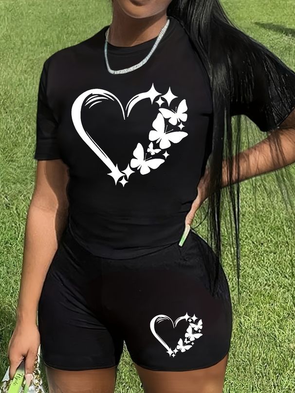 Summer Women's Casual Fashion Heart Butterfly Print Loose T-shirt+shorts Two-piece Sportswear Suitable For Daily Wear-62_ecoleips.com