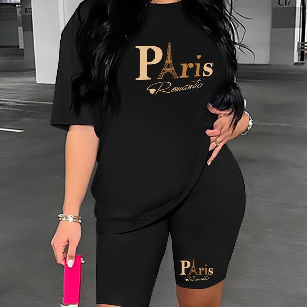 Summer Women's Casual Fashion Paris Letter Print Loose T-shirt+shorts Two-piece Sportswear Suitable For Daily Wear-48_ecoleips.com