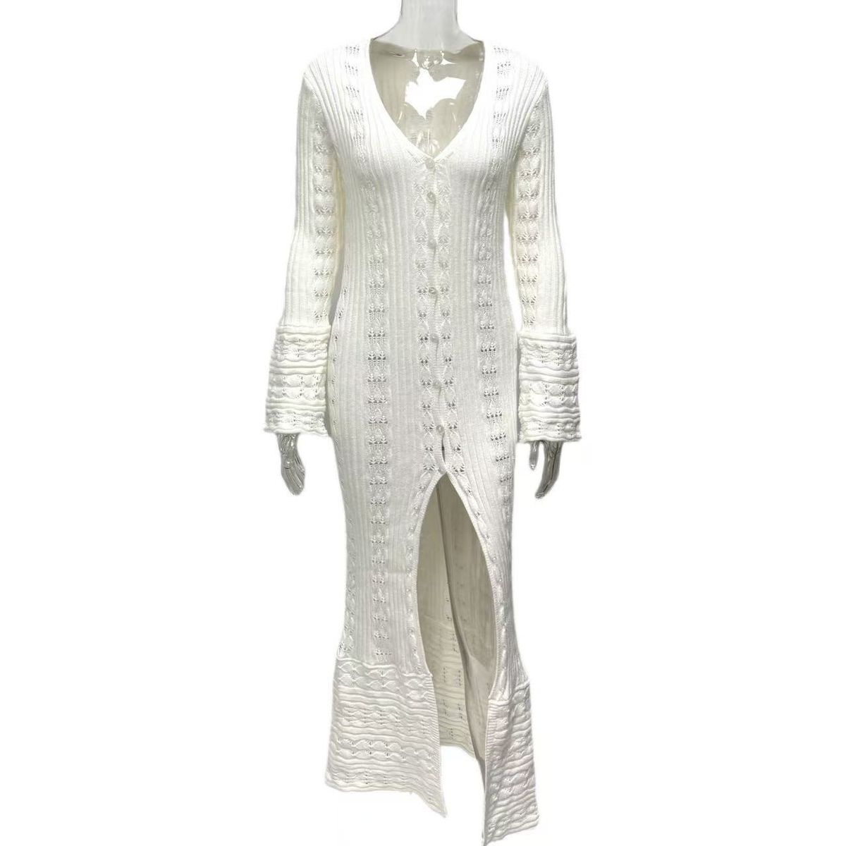 Women's French Holiday Style Cardigan Long Loose Woolen Coat Casual Leisure Outerwear Unique Design Hollow Trumpet Sleeve_ecoleips.com