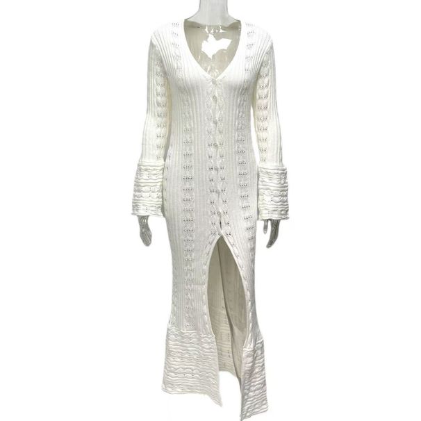 Women's French Holiday Style Cardigan Long Loose Woolen Coat Casual Leisure Outerwear Unique Design Hollow Trumpet Sleeve_ecoleips.com