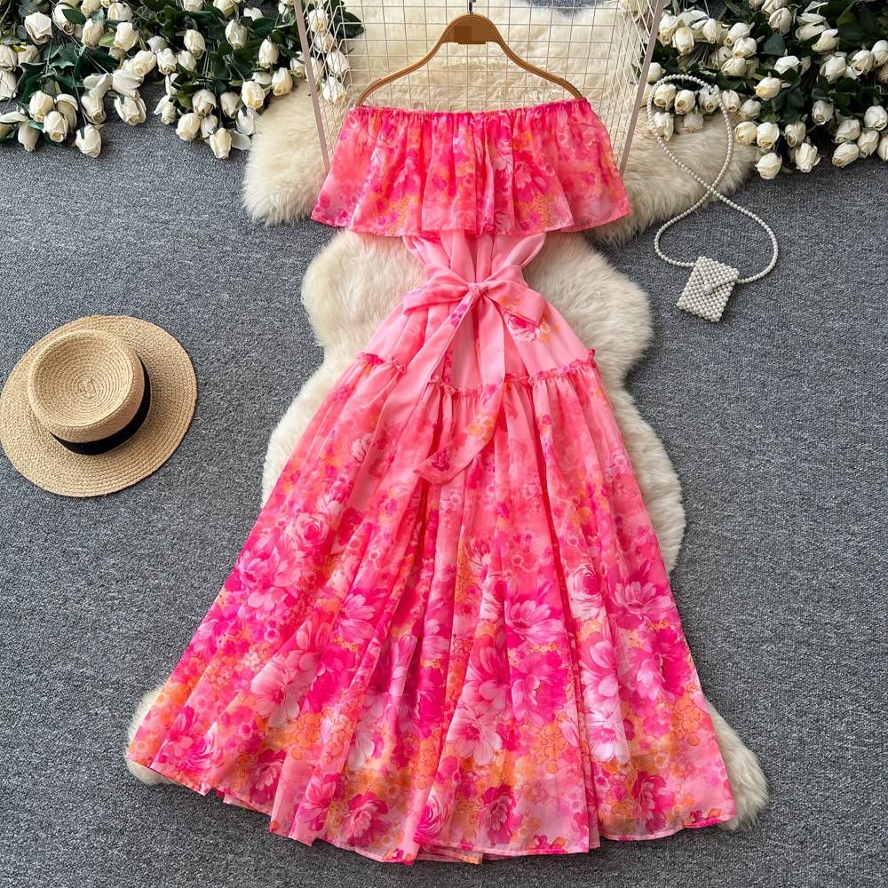 Women's Clothing Women's Romantic Style Off-Shoulder Ruffle Floral Print Dress Slimming A-Line Skirt Summer Fashion_ecoleips.com