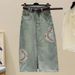 Women's Retro Outfit - Embroidered Denim Skirt With Print Blouse, Vintage Oriental Two-Piece Set Cultural Fusion_ecoleips.com