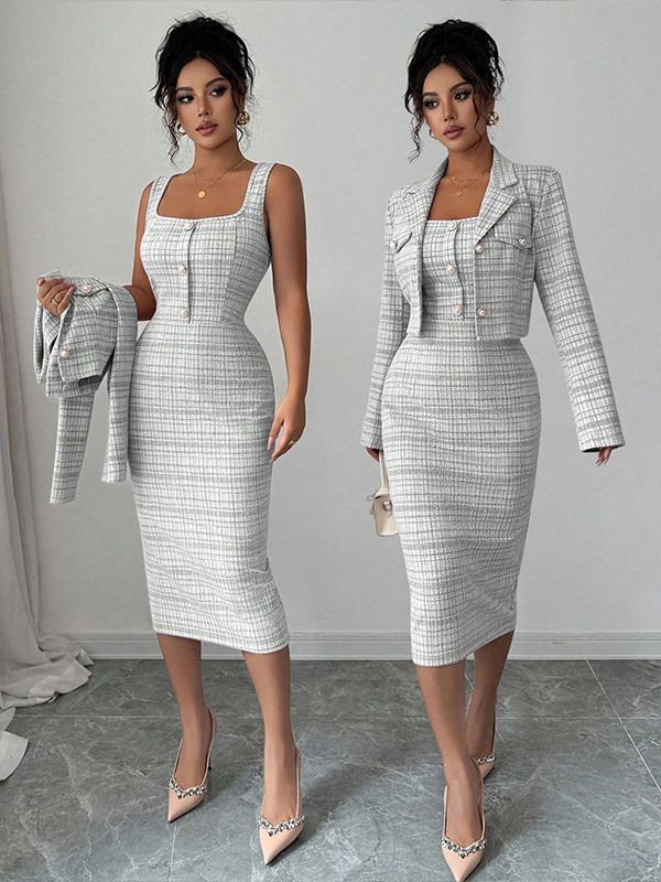 Women's Clothing Blazer Set Short Plaid Jacket With Long Sleeves And Cross-Over Two-Piece Skirt Suit_ecoleips.com