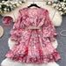 Women's V Neck Ruffled Long Sleeve Printed Fitted Waist Full Skirt Cake Dress Lantern Sleeve Belt Not Included_ecoleips.com