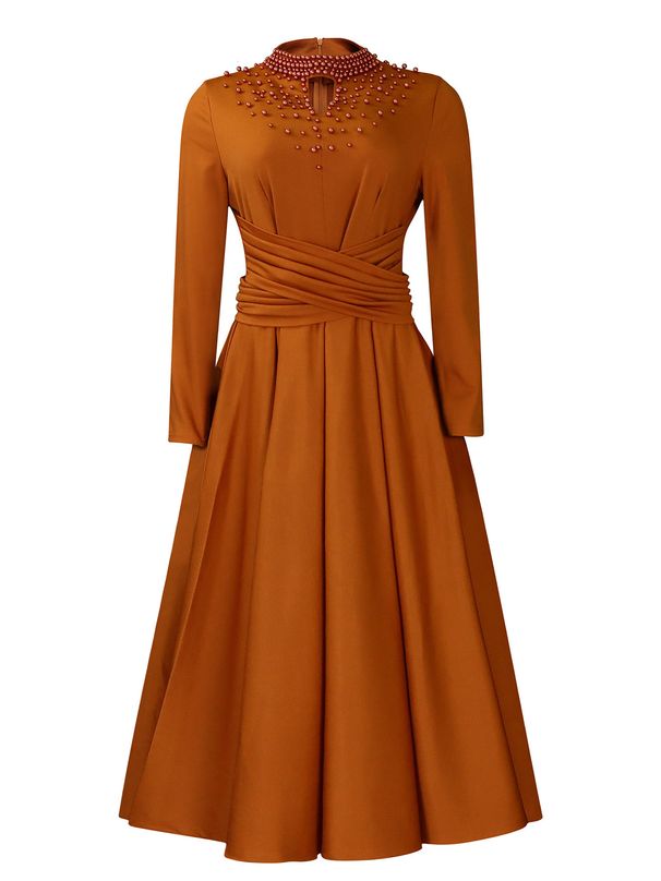 Women's Clothing Elegant Commuter High Neck Long Sleeve Elegant High-Neck Long-Sleeve A-Line Dress | Timeless Office Dress In Luxe Colors_ecoleips.com