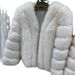 Faux Fox Fur Collar Coat - Women's Short V-Neck Faux Fur Jacket In Cream/Black/Camel (One Size Fits 80-130)_ecoleips.com