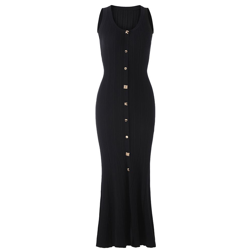 Women's Clothing Summer New Nanyou High Quality Sleeveless Metal Button Hip Wrapped Ins Knitted Dress_ecoleips.com