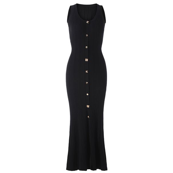 Women's Clothing Summer New Nanyou High Quality Sleeveless Metal Button Hip Wrapped Ins Knitted Dress_ecoleips.com