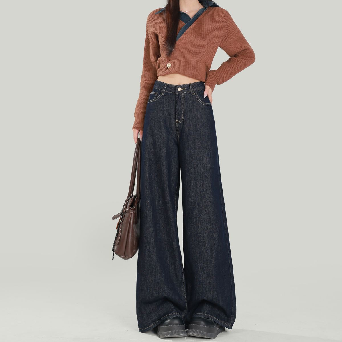 Women's Dark Blue High-Waisted Wide Leg Jeans Relaxed Loose Fitting Straight Leg Floor Length Pants For All Seasons_ecoleips.com