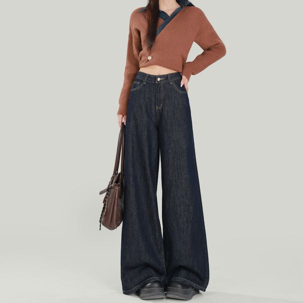 Women's Dark Blue High-Waisted Wide Leg Jeans Relaxed Loose Fitting Straight Leg Floor Length Pants For All Seasons_ecoleips.com