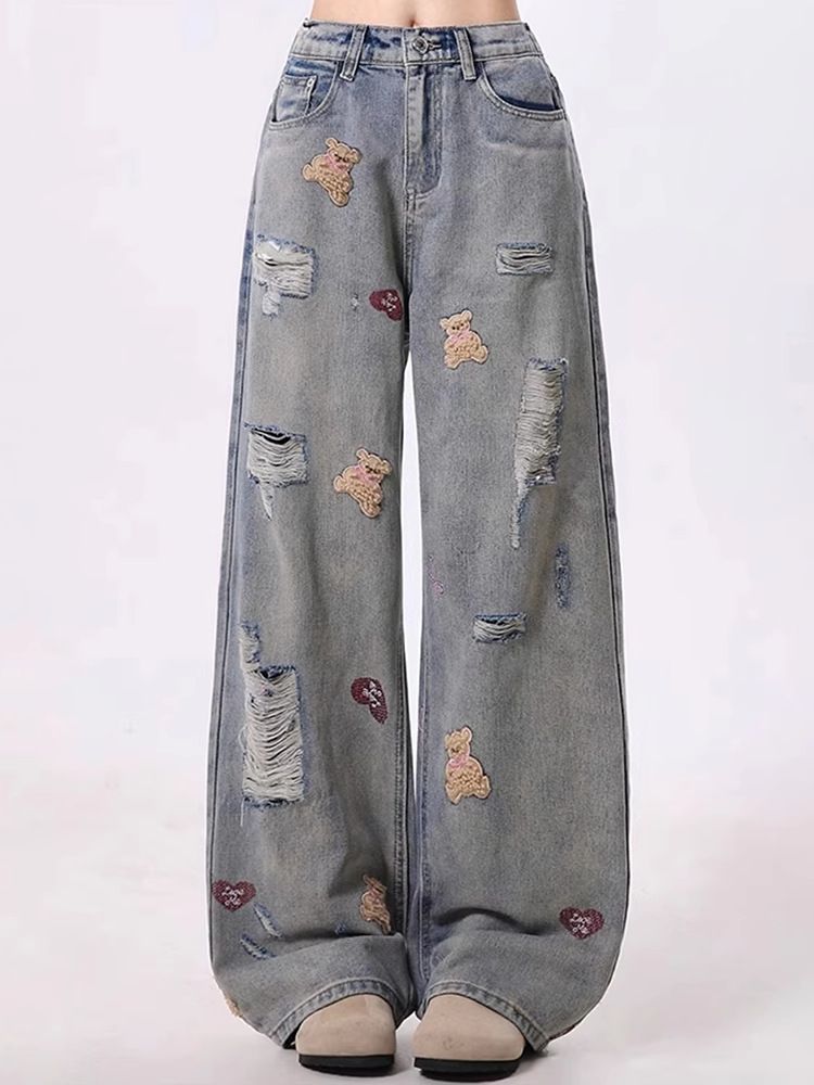 Women's Clothing High Waist Ripped Jeans Wide Leg Design Embroidered Bear Detail Spring Autumn Fashion Casual Denim_ecoleips.com