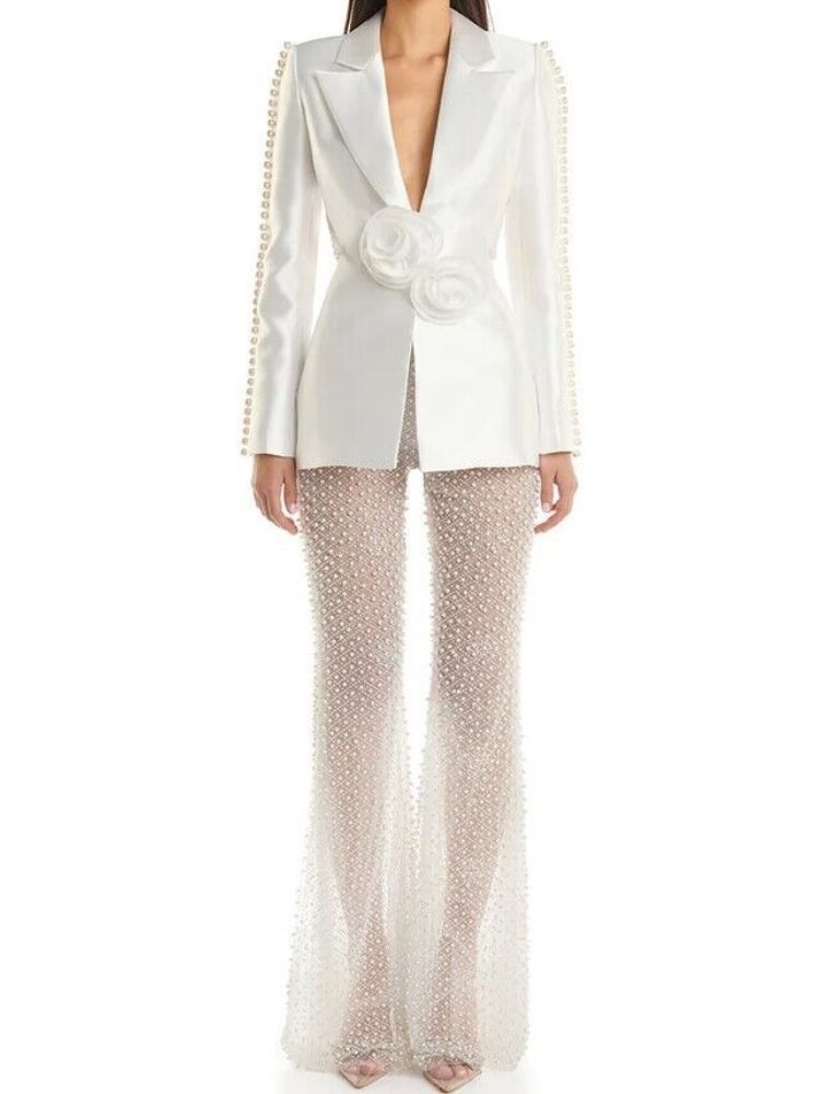 K New Hollowed Out Nail Bead Three-dimensional Flower Suit, Pearl Sequin Mesh Long Pants Set_ecoleips.com