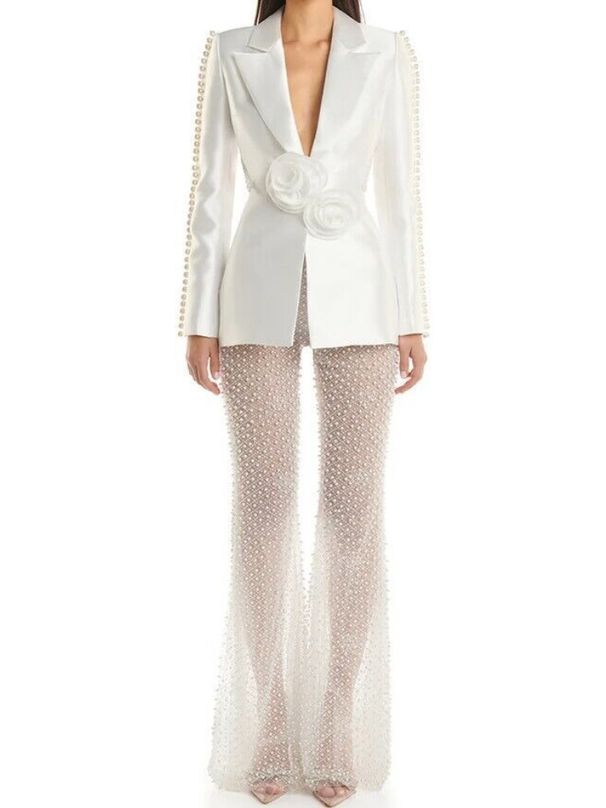 K New Hollowed Out Nail Bead Three-dimensional Flower Suit, Pearl Sequin Mesh Long Pants Set_ecoleips.com